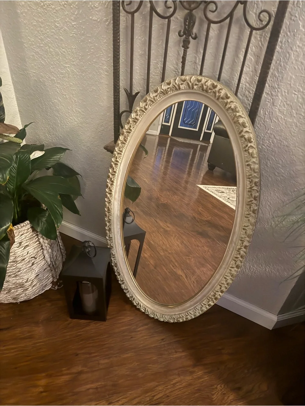 Vintage Oval Wall Mirror Featuring An Ornate, Off-White And Gold-Accented Frame